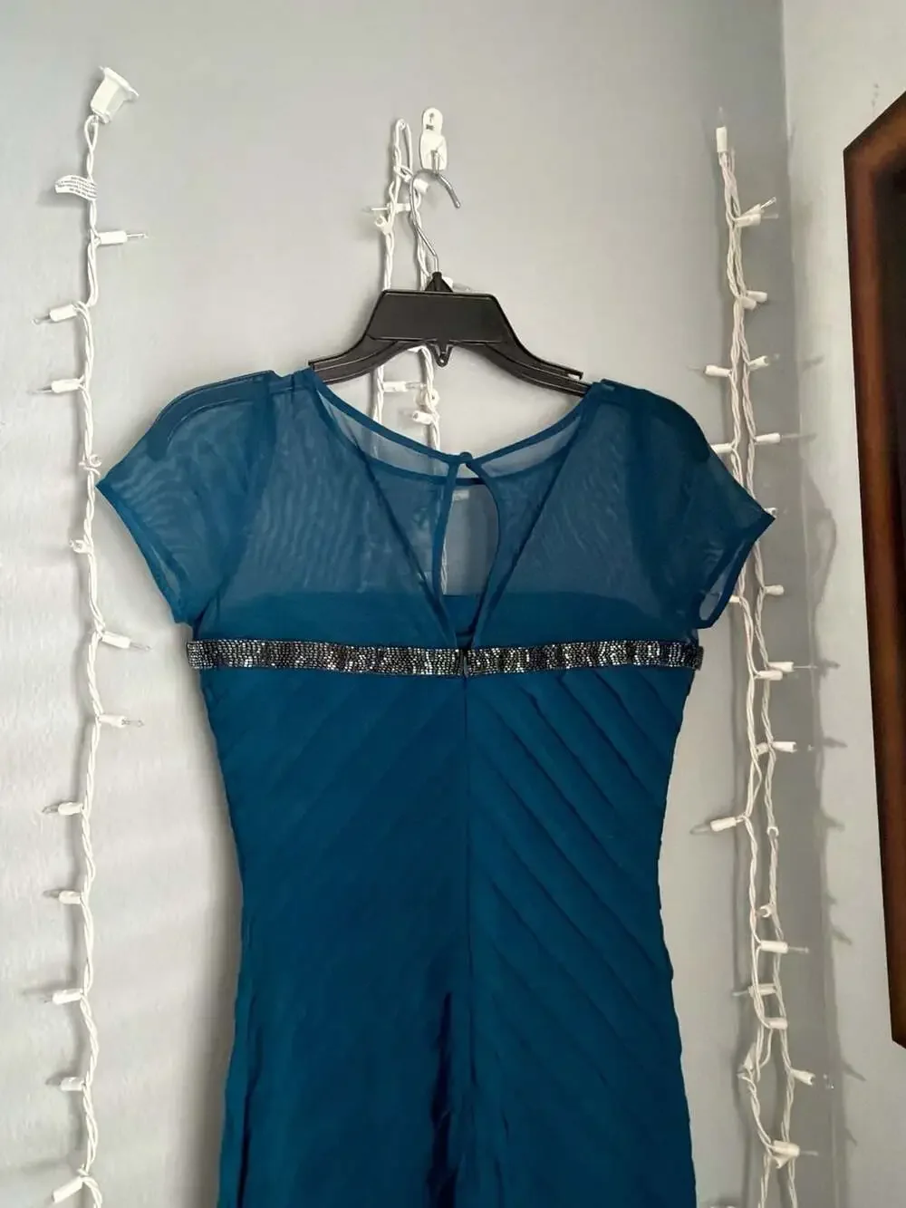 Calvin Klein Teal Mesh Yoke Beaded Chevron Pleated Sheath Dress - Picture 7 of 12